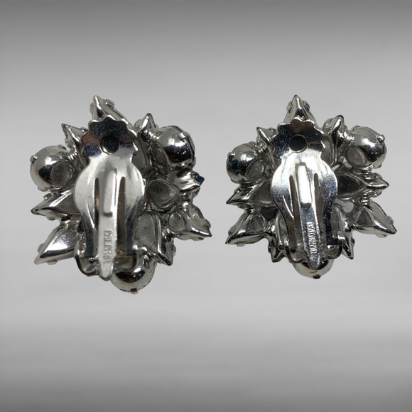 Vintage 1960's Blue Crystal Domed Cluster Clip On Earrings Runway Couture Carded - Picture 2 of 6